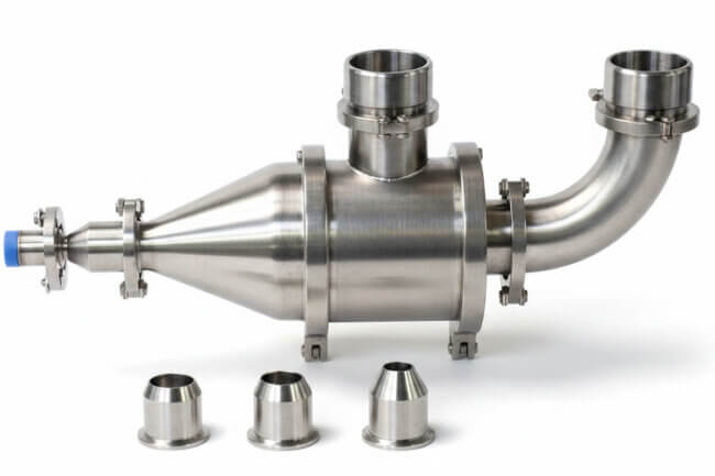 Stainless steel VorSpin hydrocyclone separator with apex orifice inserts for no-moving-parts liquid-solid separation
